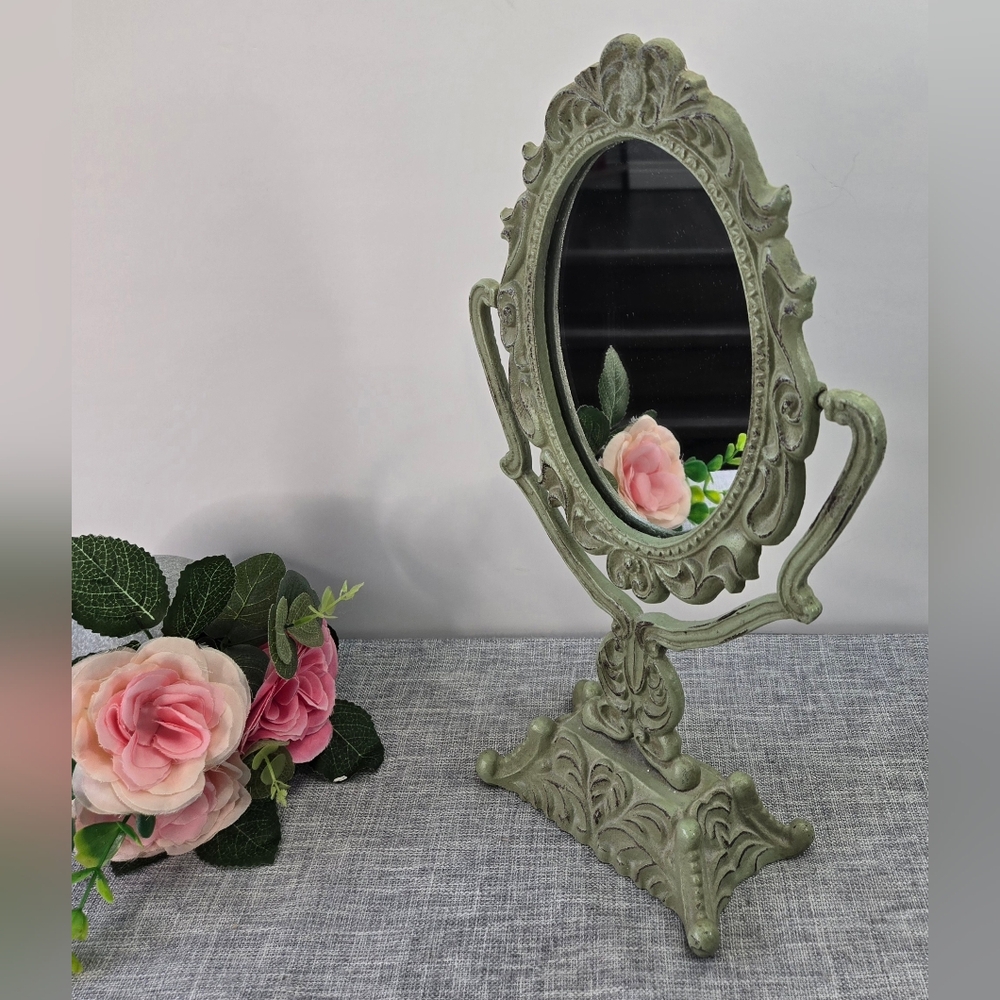 Vintage Ornate Victorian Cast Iron Footed Vanity Swivelโ Oval Mirror 14โ Green